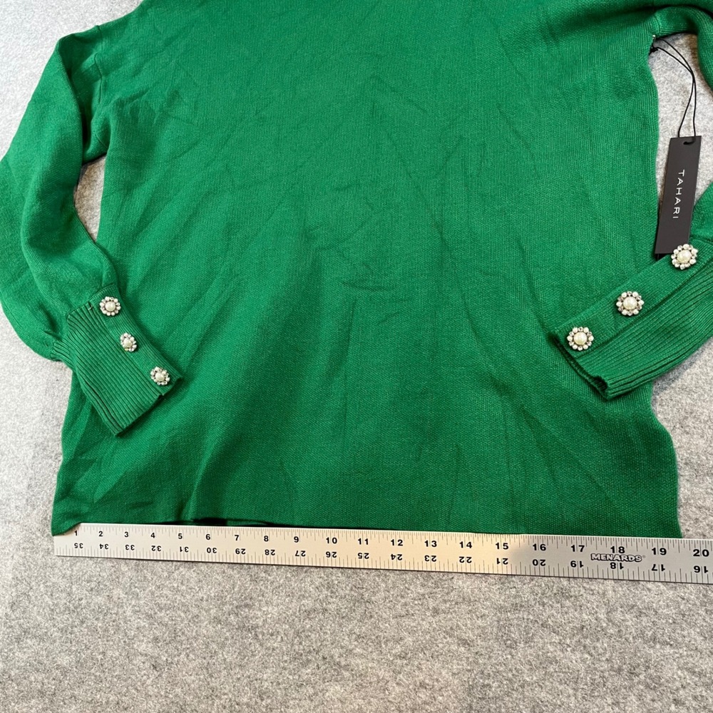Tahari Womens Mock Neck Sweater Green Pearl Button Cuff Pullover L Holiday Chic - Picture 5 of 8